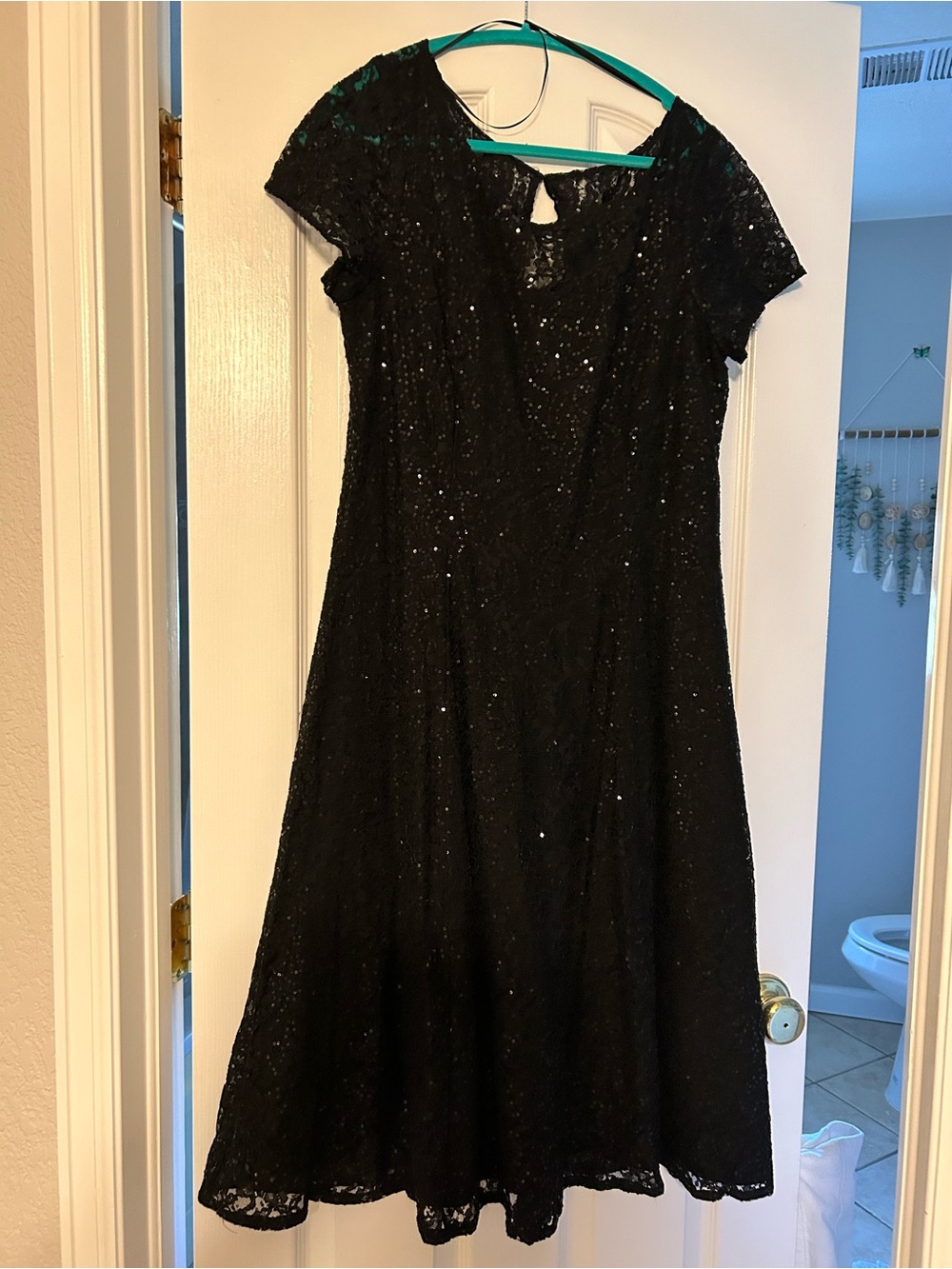 Black Sequin Lace Midi Dress with Cap Sleeves - Elegant Evening Dress size 16